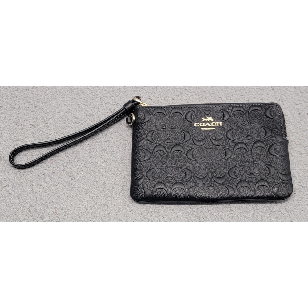 Coach Pouch Wallet Womens Black Leather Monogram‎ Embossed Wristlet